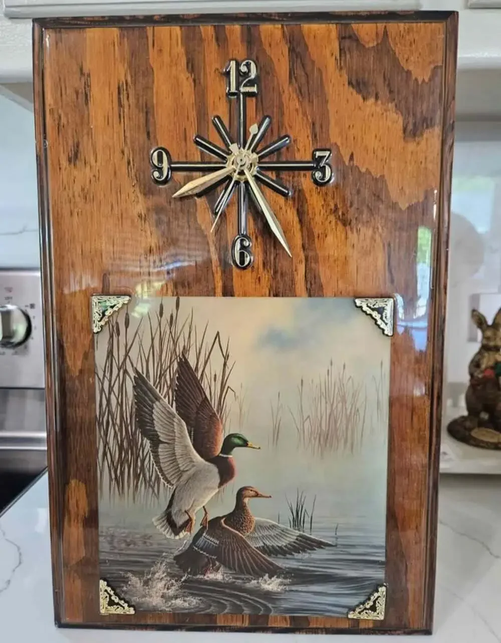 Vintage Mallard Duck Wall Clock with Foil Art Print and Wood Frame